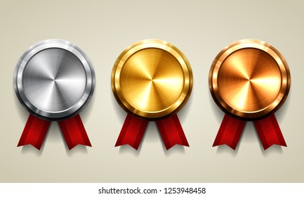 Gold, silver and bronze medals with red ribbon. Metallic winner award. Vector illustration.