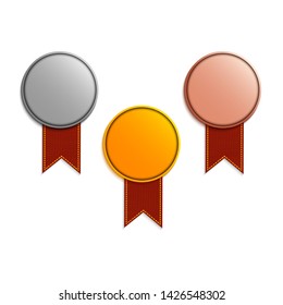 Gold, silver and bronze medals with red ribbons for game competition winners or challenge leaders. Award icon set. Victory and achievement concept. Realistic 3d vector illustration. 