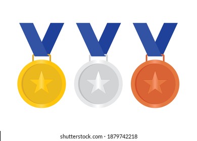 gold, silver and bronze medals with red ribbon flat vector icon.