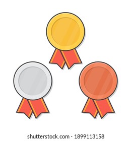 Gold, Silver, And Bronze Medals With Red Ribbon Vector Icon Illustration. 1st, 2nd, 3rd Place Badges Flat Icon