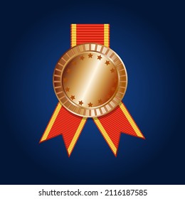  gold, silver and bronze medals with red ribbon. Vector illustration.Vector golden medal on red ribbon  and first achievement or quality win award reflections on blue backgraund