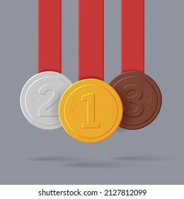 Gold, silver and bronze medals with red ribbons hang from top, 3d win label
