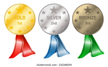 Gold, silver and bronze medals with red, blue and green ribbon isolated on white background