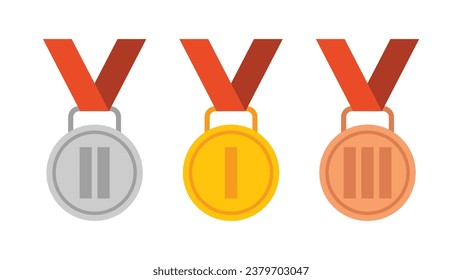 Gold, silver and bronze medals with red ribbon flat vector icons for sports apps and websites