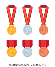 Gold, silver, and bronze medals with red ribbons and badges. Flat illustrations of medals for first, second, and third places