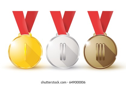gold, silver and bronze medals with red ribbons isolated on white background