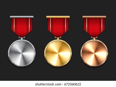 Gold, silver and bronze medals with red ribbon. Metallic winner award. Vector illustration.