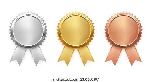 Gold, silver and bronze medals with ribbon set vector illustration. Realistic isolated trophy and medal collection with metal reward badges for winners, quality certificate and prize warranty.