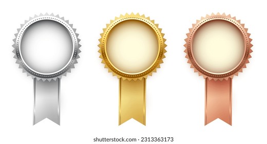 Gold, silver and bronze medals with ribbon set vector illustration. Realistic isolated trophy and medal collection with metal reward badges for winners, quality certificate and prize warranty.