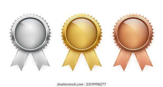 Gold, silver and bronze medals with ribbon set vector illustration. Realistic isolated trophy and medal collection with metal reward badges for winners, quality certificate and prize warranty.