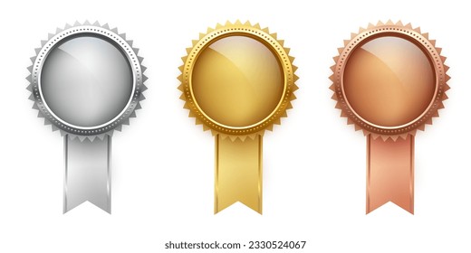 Gold, silver and bronze medals with ribbon set vector illustration. Realistic isolated trophy and medal collection with metal reward badges for winners, quality certificate and prize warranty.