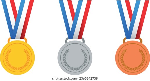 Gold, silver and bronze medals with ribbon flat vector icons for sports apps and websites