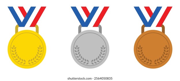 Gold, silver, and bronze medals with ribbon vector icon set. Winning symbol for sports awards, competitions, and achievement design. Flat illustration isolated on white background.