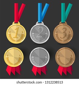 Gold, silver and bronze medals with ribbons and rosettes of ribbons. Vector set