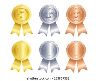 Gold, silver and bronze medals with ribbons for winners