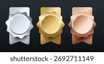 Gold, silver, bronze medals rounded with ribbon. Realistic award label for winners.