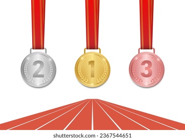 Medallas de oro, plata y bronce en pista de carreras o atleta. Concepto Campeón y Ganador. Ilustración vectorial.