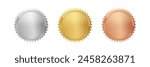 Gold, silver and bronze medals set vector illustration. 3d realistic award seals isolated on white background. Golden design element for labels, certificates, badges, winners.