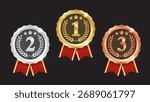 Gold, Silver, and Bronze Medals Set – Champion No.1, No.2, No.3 Award Badges with Laurel Wreath and Red Ribbon Vector