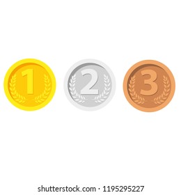 Gold, Silver, Bronze Medals Set. Winner Medals. Metal Realistic Badge With First, Second, Third Placement Achievement. Round Medal Red Ribbon. Game Golden, Silver, Bronze Trophy. Vector Illustration.