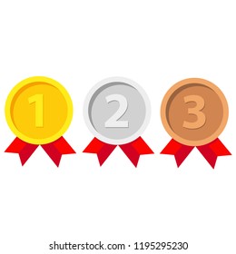 Gold, Silver, Bronze Medals Set. Winner Medals. Metal Realistic Badge With First, Second, Third Placement Achievement. Round Medal Red Ribbon. Game Golden, Silver, Bronze Trophy. Vector Illustration.
