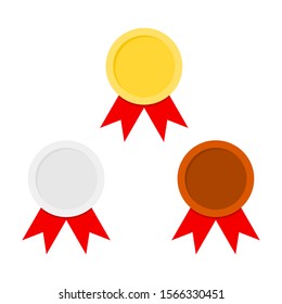 gold, silver and bronze medals set with red ribbons; winner award sign isolated on white background. vector illustration