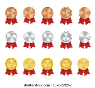 Gold, silver and bronze medals set with red ribbons; winner award sign. Blanl seal. Vector illustration EPS10