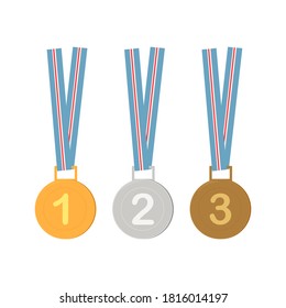 Gold, Silver, Bronze Medals Set Metal Badge With First, Second, Third Placement Achievement. Round Label With Red Ribbon. Winner Prize. Competition Game Golden, Silver, Bronze Trophy