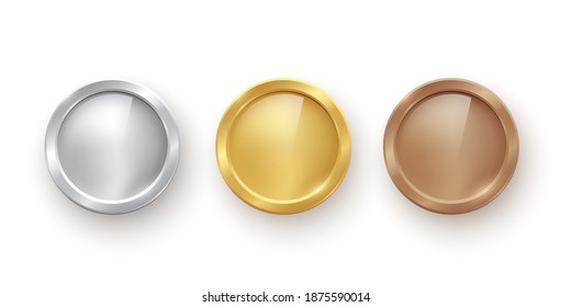 Medallas de oro, plata y bronce. Dibujo vectorial del premio Blank metal. Brillantes insignias deportivas redondas para el primer puesto, el segundo y el tercer lugar en competencia sobre fondo blanco.