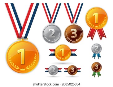 Medallas de bronce de plata de oro. Serie de premios. Medalla de metal ganadora del premio campeón. Ilustración vectorial. 