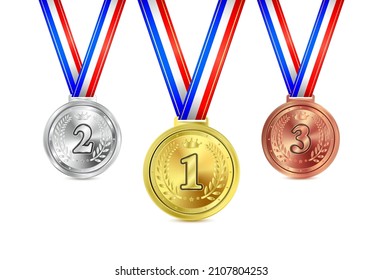 Gold, silver and bronze medals set. Metal realistic badge. Champion and winner awards medal or trophy of the summer games. On white isolated background. 3D Vector EPS 10.