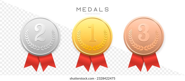 Oro, plata, medallas de bronce... Insignia metálica realista con logro de primer, segundo, tercer lugar. Etiqueta redonda con cinta roja. Premio Ganador. Trofeo de la Competencia