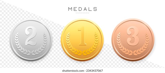 Medallas de oro, plata, bronce ambientadas. Tarjeta vectorial realista con primer, segundo, tercer lugar. Etiqueta de logro de redondeo. Premio Ganador. Trofeo de la Competencia