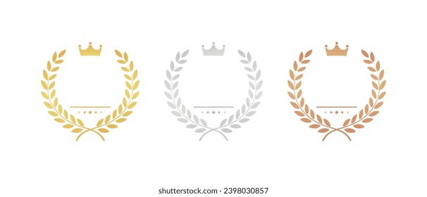 Gold, Silver, Bronze medals set. Vector award with laurel wreath. Round prize icon. Winner rank. Competition trophy ranking