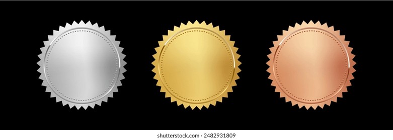 Gold, silver and bronze medals set vector illustration. 3d realistic award seals isolated on black background. Golden design element for labels, certificates, badges, winners.