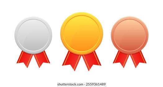 Gold, Silver, Bronze medals set Vector. Metal badge with First, Second, Third placement Achievement. Round Label With Red Ribbon. Winner Prize. Competition Trophy