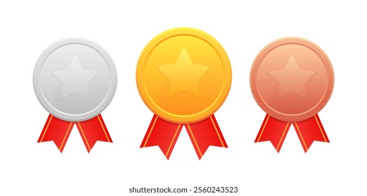 Gold, silver, bronze medals set with star shape and red ribbon. Badge with first, second, third placement achievement. Winner Prize. Competition trophy