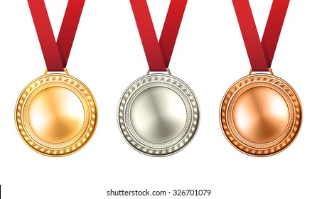 Gold silver and bronze medals set with ribbons realistic isolated vector illustration 