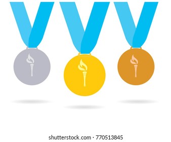 Gold, silver and bronze medals set with flame. Vector