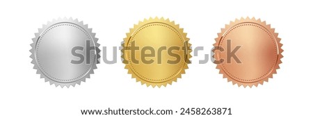 Gold, silver and bronze medals set vector illustration. 3d realistic award seals isolated on white background. Golden design element for labels, certificates, badges, winners.