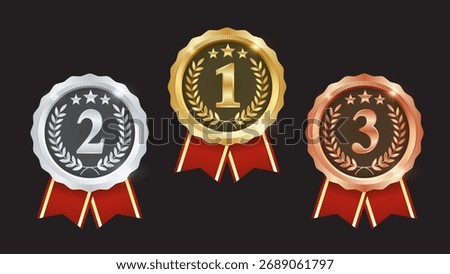 Gold, Silver, and Bronze Medals Set – Champion No.1, No.2, No.3 Award Badges with Laurel Wreath and Red Ribbon Vector