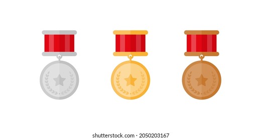 Gold, silver, and bronze medals with stars and ribbons.