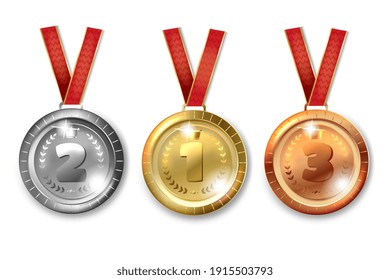 Gold Silver Bronze Medals. Symbols Of Victory And Success. Champion Winner Award Metal Medals. Honor Badges. Set Of Realistic Vector Illustrations Isolated On Wite Background