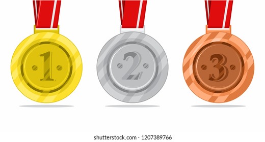 Gold, Silver And Bronze Medals. Medals Trophy For Sport. Vector Illustration. Flat Design