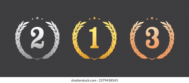 Gold, Silver, Bronze medals Vector. Badge set with First, Second, Third placement Achievement. Round Label With Wreath. Winner Prize. Competition Trophy