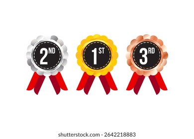 Gold, silver and bronze medals vector illustration set for label, certificate, badge. 3d flower petals award seals isolated collection. 1st, 2nd and 3rd medal place rankings with vibrant red ribbons