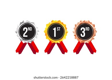 Gold, silver and bronze medals vector illustration set for label, certificate, badge, winner. 3d stars award seals isolated collection. 1st, 2nd and 3rd medal place rankings with vibrant red ribbons