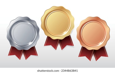 Gold, silver and bronze medals vector.Champion and winner awards Sports medal set with red ribbon.