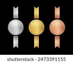 Gold, silver and bronze medals with vertical ribbons set vector illustration. 3d realistic award seals isolated on white. Golden design element for labels, certificates, badges, winners.