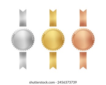 Gold, silver and bronze medals with vertical ribbons set vector illustration. 3d realistic award seals isolated on white. Golden design element for labels, certificates, badges, winners.